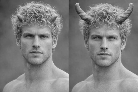 Man with longer thicker rounded horns