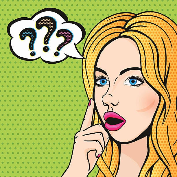 Vector illustration pop-art stupid blonde woman thinking with question marks Vector pop art stupid woman face with question marks. Blonde thinking woman with open mouth comics style illustration. dumb blonde stock illustrations