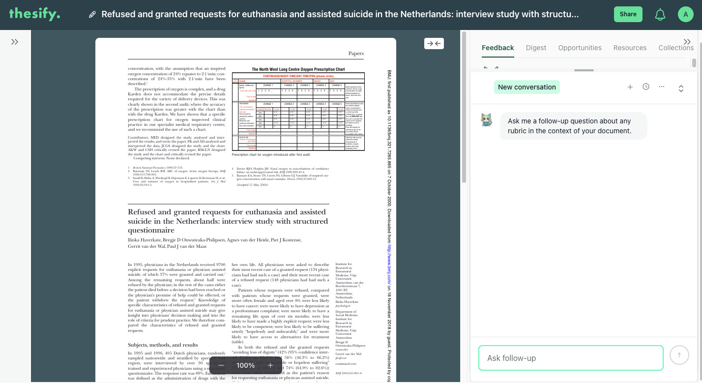 thesify document viewer with the Feedback panel open on the right, showing Chat with Theo and a “New conversation” button.