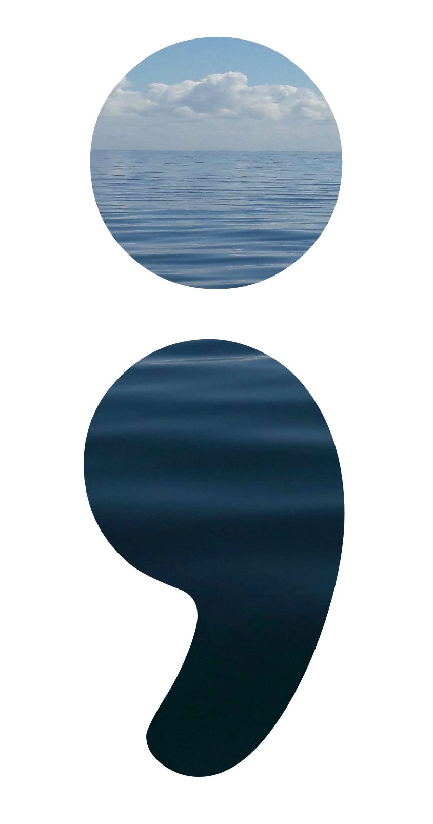 A semicolon filled with the soothing photo of a calm, blue ocean.