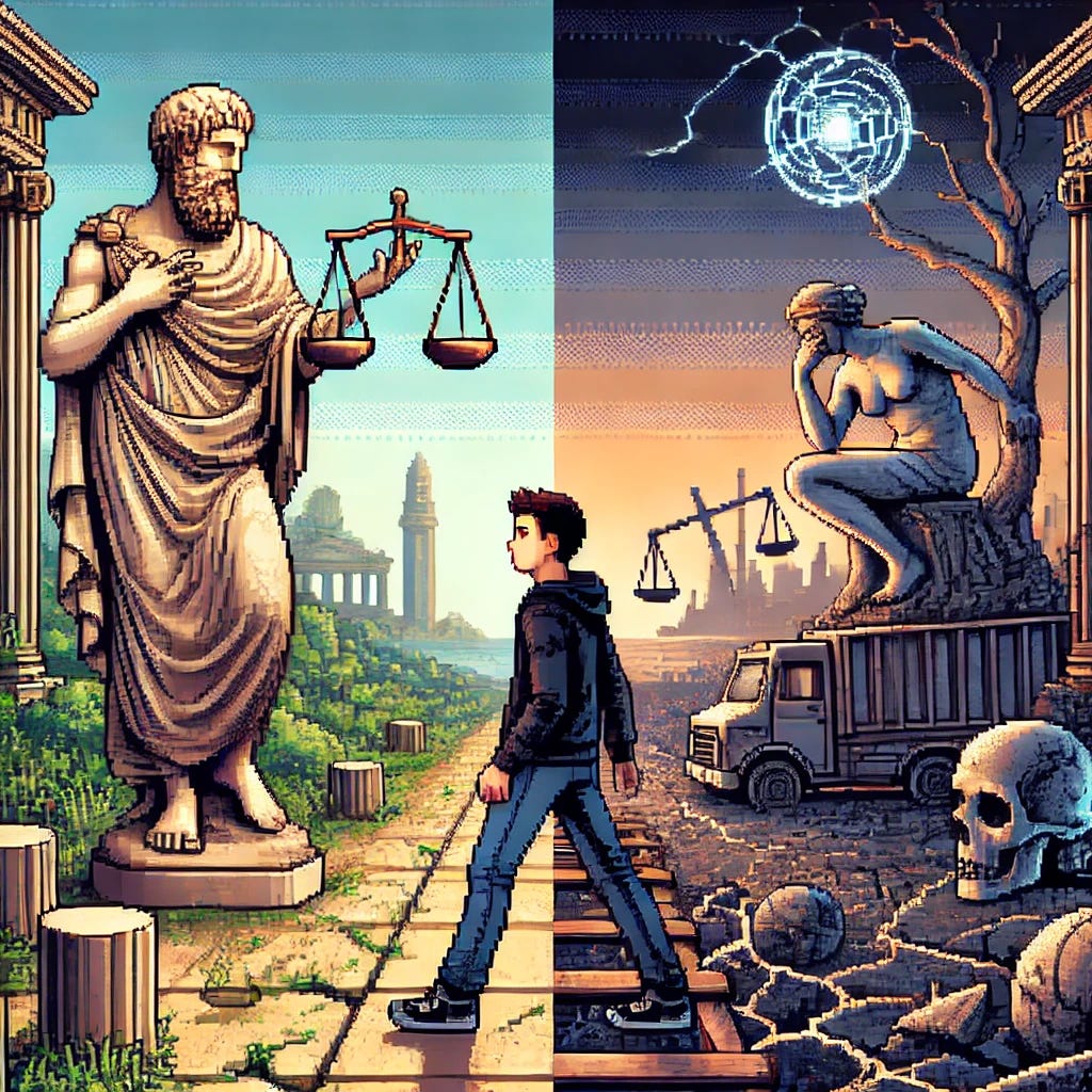 A detailed 16-bit pixel art scene inspired by 90s beat 'em up games. The scene is divided into two contrasting environments:

- On the left: An orderly, balanced setting, representing classical stability.
- On the right: A dynamic, ever-changing landscape with shifting elements, cracked ground, and transforming structures.
- Background: A mix of classical ruins and a modern city in flux, emphasizing the contrast between stability and evolution.

Key elements:
- A weathered statue of Aristotle on the left side, symbolizing his philosophy of balance. The statue has visible cracks and crumbling pieces, indicating the fragility of stability. In one hand, Aristotle holds a balance scale, reinforcing the theme of equilibrium.
- A young protagonist in the foreground: A young man with short, slicked-back hair, wearing a black hoodie and blue jeans.
- Interaction: The protagonist is either touching the statue, questioning its meaning, or standing at the boundary between order and change, deep in thought.
- Expressions: Thoughtful and determined, understanding the nature of transformation.
- Additional symbols: A tilted balance scale on the ground, representing the precariousness of equilibrium. Small stone fragments falling from the statue, showing the erosion of stable ideas.
- Art style: Detailed pixel art in 16-bit with vibrant colors, resembling a retro beat 'em up video game. Strong lighting effects emphasize the division between order and transformation.