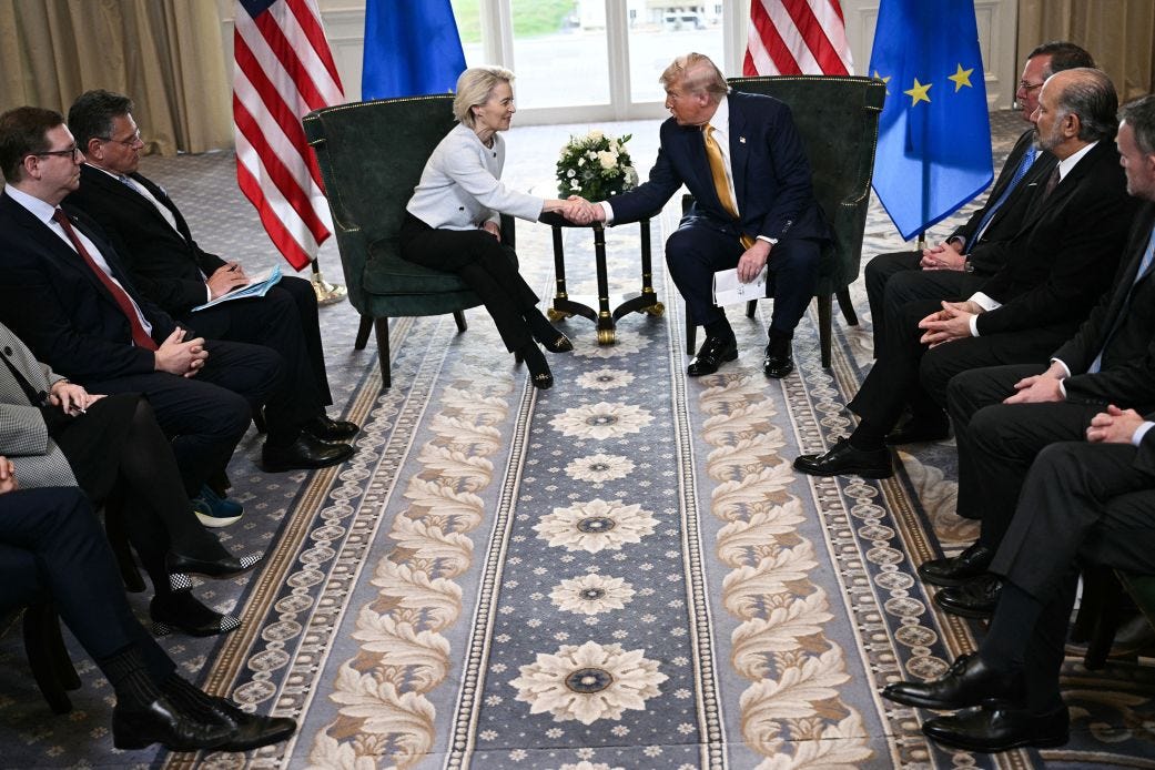 President Donald Trump shakes hands with European Commission President Ursula von der Leyen after agreeing on a trade deal between the two economies following their meeting in Turnberry, Scotland, on Sunday. President Donald Trump shakes hands with European Commission President Ursula von der Leyen after agreeing on a trade deal between the two economies following their meeting in Turnberry, Scotland, on Sunday.