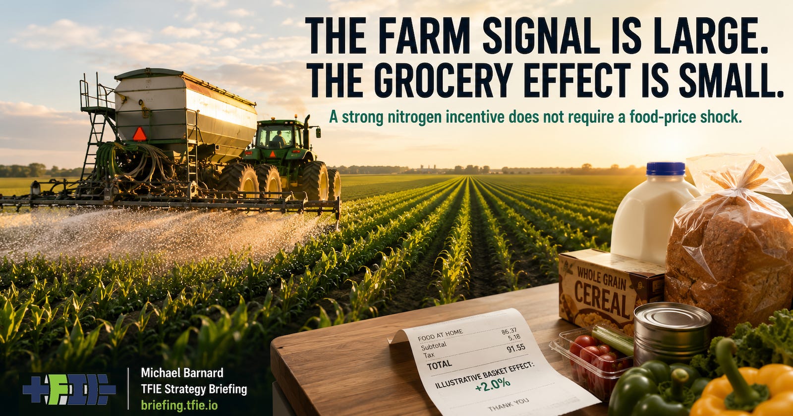 Modern fertilizer equipment works a productive field behind groceries and a receipt showing a small illustrative price increase, contrasting a large farm incentive with a modest grocery effect. Modern fertilizer equipment works a productive field behind groceries and a receipt showing a small illustrative price increase, contrasting a large farm incentive with a modest grocery effect.