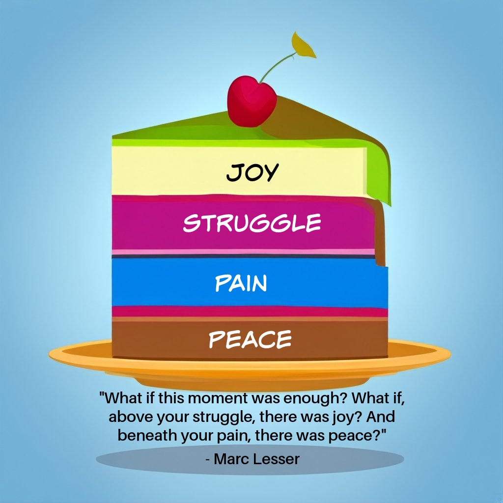 Illustration of this quote: "What if this moment was enough? What if, above your struggle, there was joy? And beneath your pain, there was peace?" - Marc Lesser 