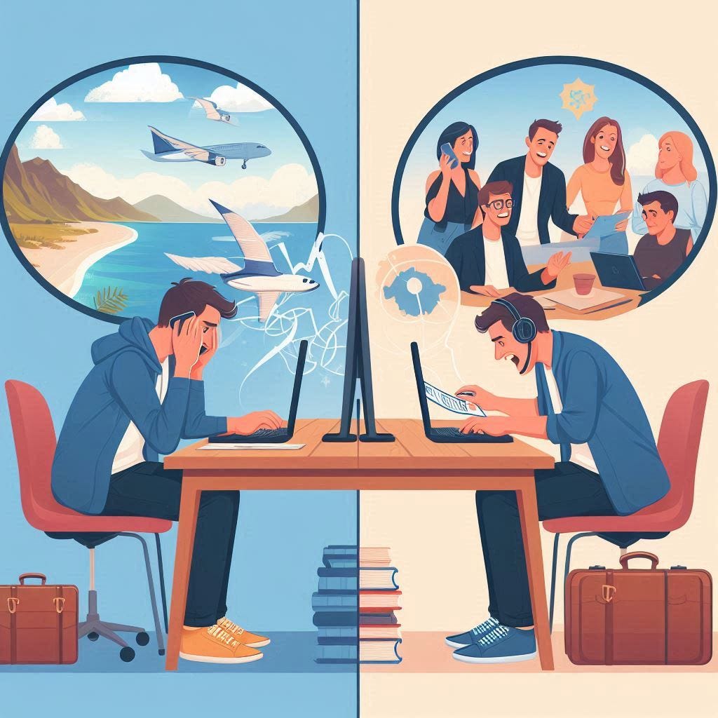 show a split image showing someone struggling with "analyis paralysis" on a computer doing vacation planning on one side, and someone talking to close friends talking positively about a trip on the other side