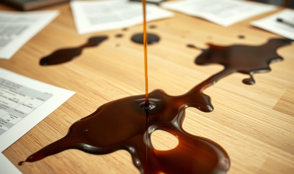 Wooden desk with scattered papers and fresh coffee drips. Wooden desk with scattered papers and fresh coffee drips.
