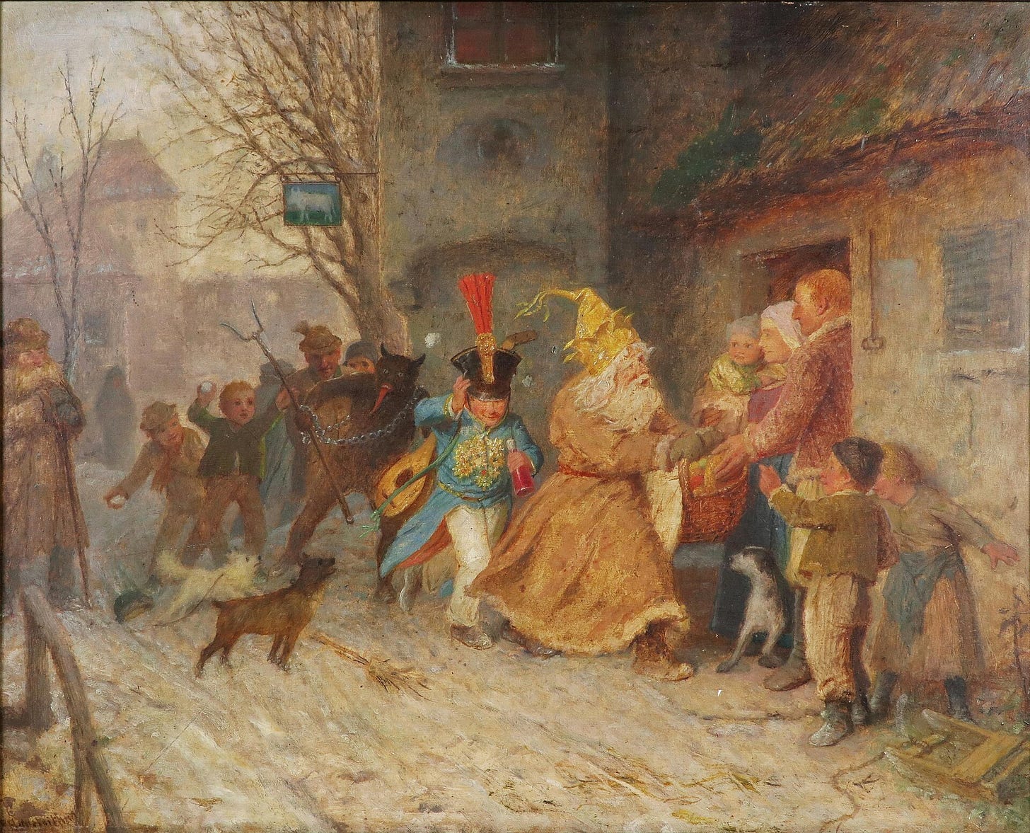 An oil painting by Rudolf Hausleithner of Saint Nicholas and the Krampus visiting a family on Saint Nicholas Eve, while children throw snowballs. An oil painting by Rudolf Hausleithner of Saint Nicholas and the Krampus visiting a family on Saint Nicholas Eve, while children throw snowballs.