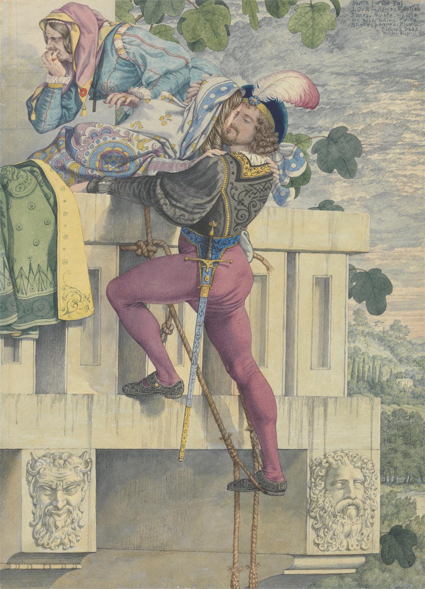 A young man at the top of a rope ladder reaches a balcony to kiss a girl, while an old nurse behind her turns her head away. A young man at the top of a rope ladder reaches a balcony to kiss a girl, while an old nurse behind her turns her head away.