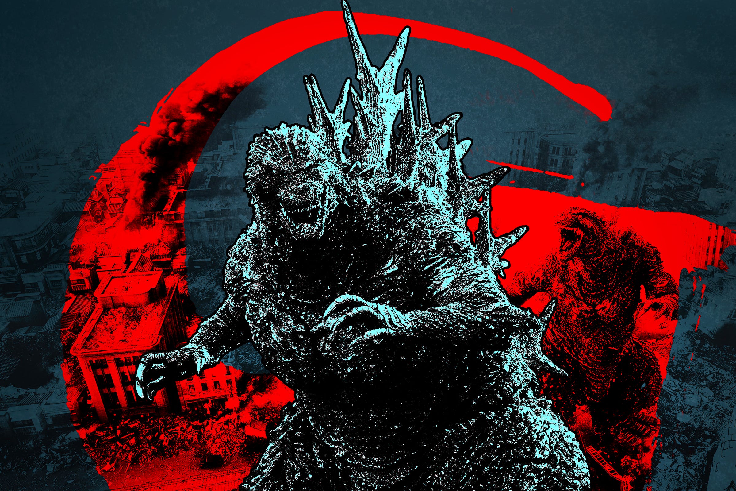 A dramatic duotone illustration of Godzilla rendered in teal and dark grey, rearing up against a dark cityscape. Behind him, a bold red brushstroke arc — the Godzilla Minus One logo — frames the composition, with red-tinted destruction bleeding into the ruined city below. A second, smaller Godzilla is partially visible to the right.
