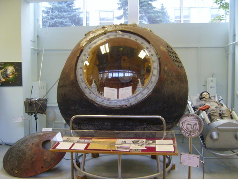Vostok I capsule used by Yuri Gagarin in first space flight. Now on display at the RKK Energiya Museum outside of Moscow. Source: Wikipedia Vostok I capsule used by Yuri Gagarin in first space flight. Now on display at the RKK Energiya Museum outside of Moscow. Source: Wikipedia
