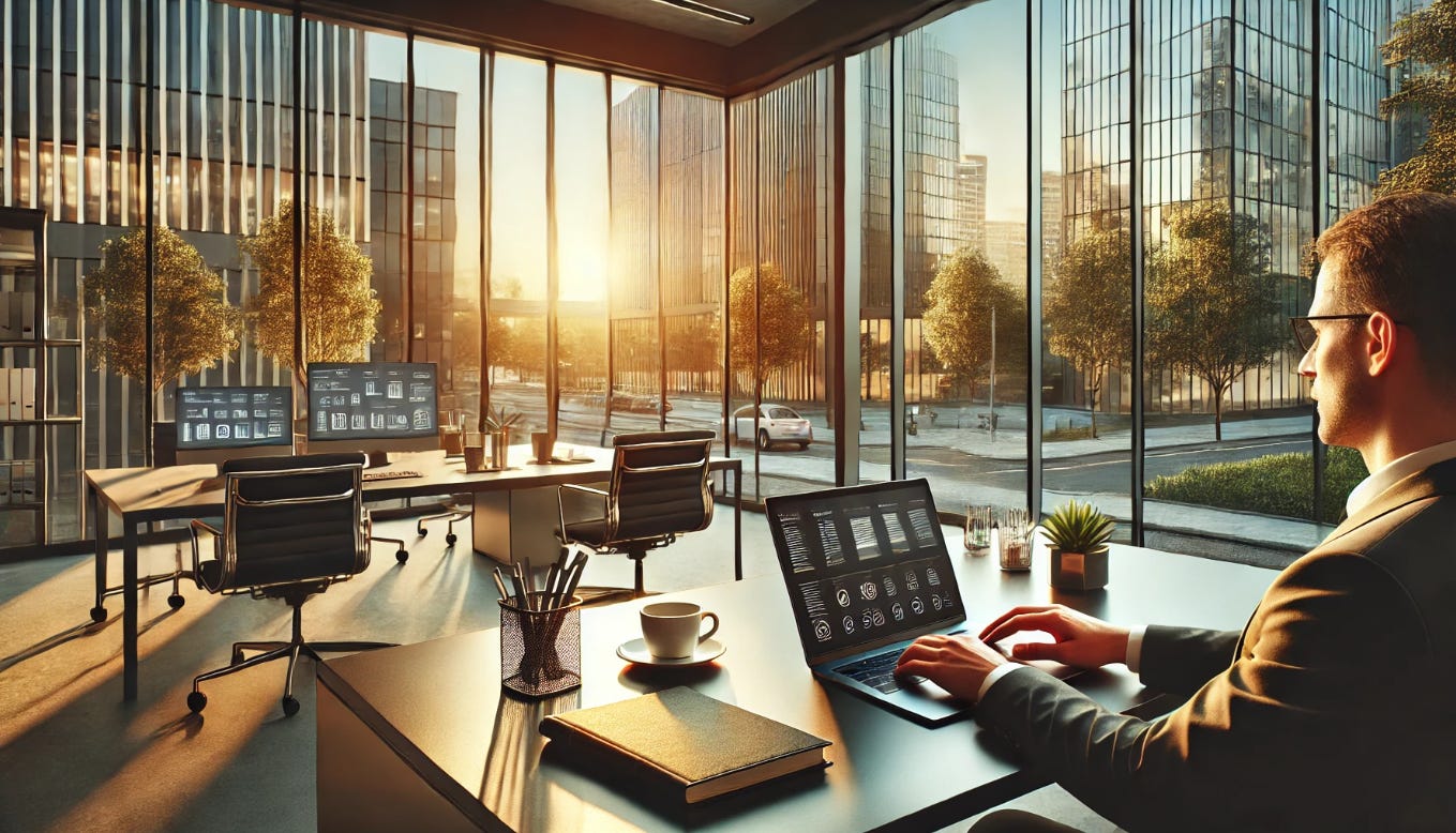 A modern office setting during golden hour, featuring a professional working on a laptop at a desk. The office has floor-to-ceiling windows with views of a serene urban street lined with trees and contemporary buildings. Realistic details, such as a coffee cup, notebook, and pen on the desk, add a grounded and professional atmosphere, complemented by soft sunlight streaming through the windows."
