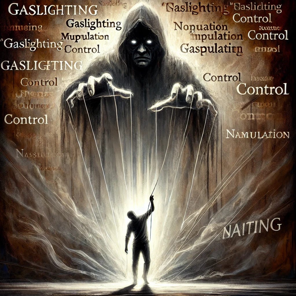 An emotionally charged illustration depicting a symbolic representation of narcissistic baiting. A dark, shadowy figure stands in the background with puppet strings extending toward a person in the foreground, who looks distressed and caught in a web of entanglement. The foreground person is surrounded by words like 'gaslighting,' 'manipulation,' and 'control,' while faint rays of light breaking through symbolize hope and resilience. The tone is somber yet empowering, emphasizing awareness and the path to freedom.