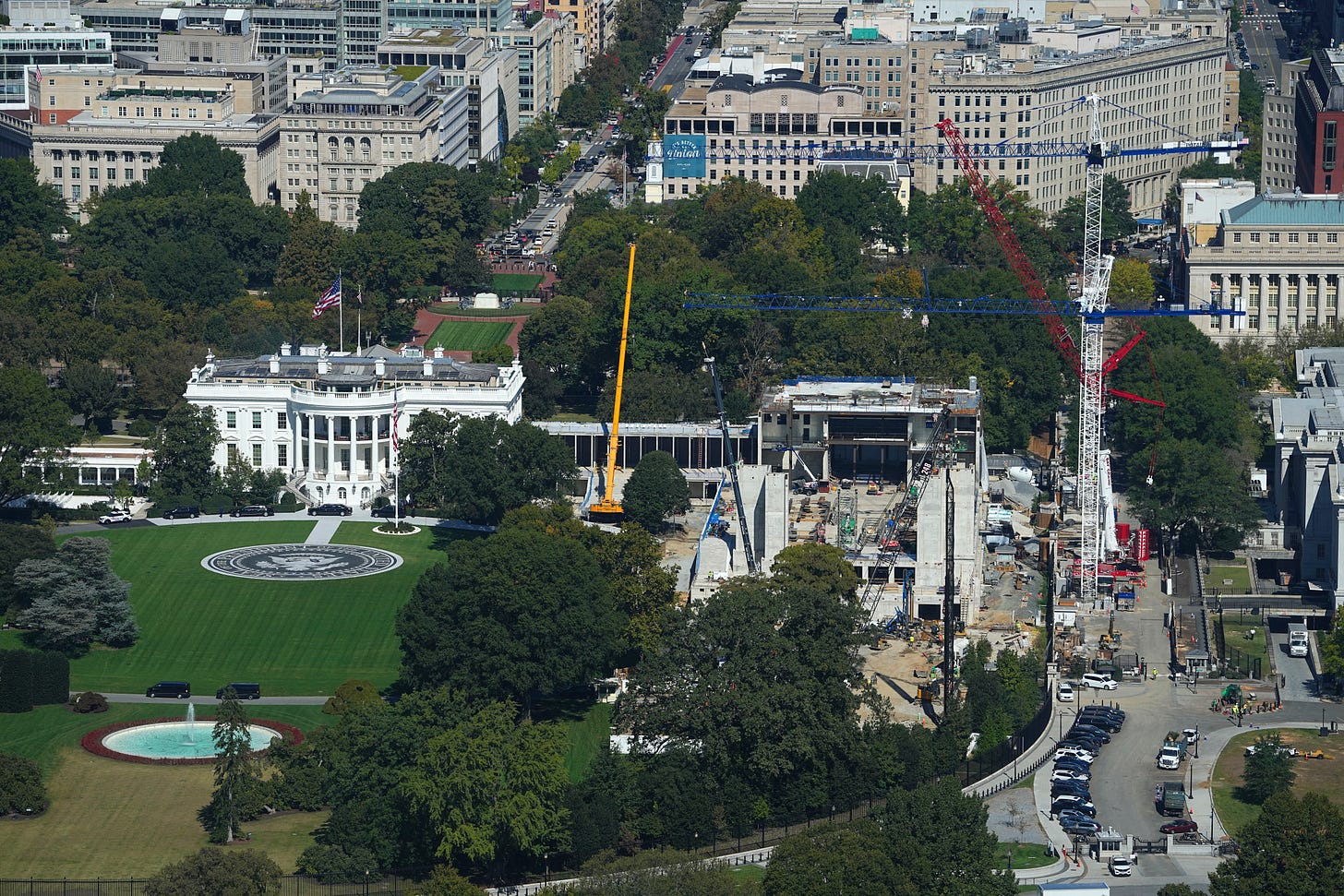 Construction continues on the White House Ballroom, as seen from the Washington Monument, Thursday, Oct. 8, 2026, in Washington, with the White House and helipad seen at left. (AP Photo/Matt Rourke)