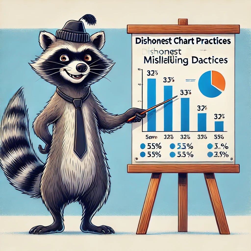 An illustration of a mischievous raccoon presenting a graph with misleading data, highlighting dishonest chart practices, in a playful yet informative style.
