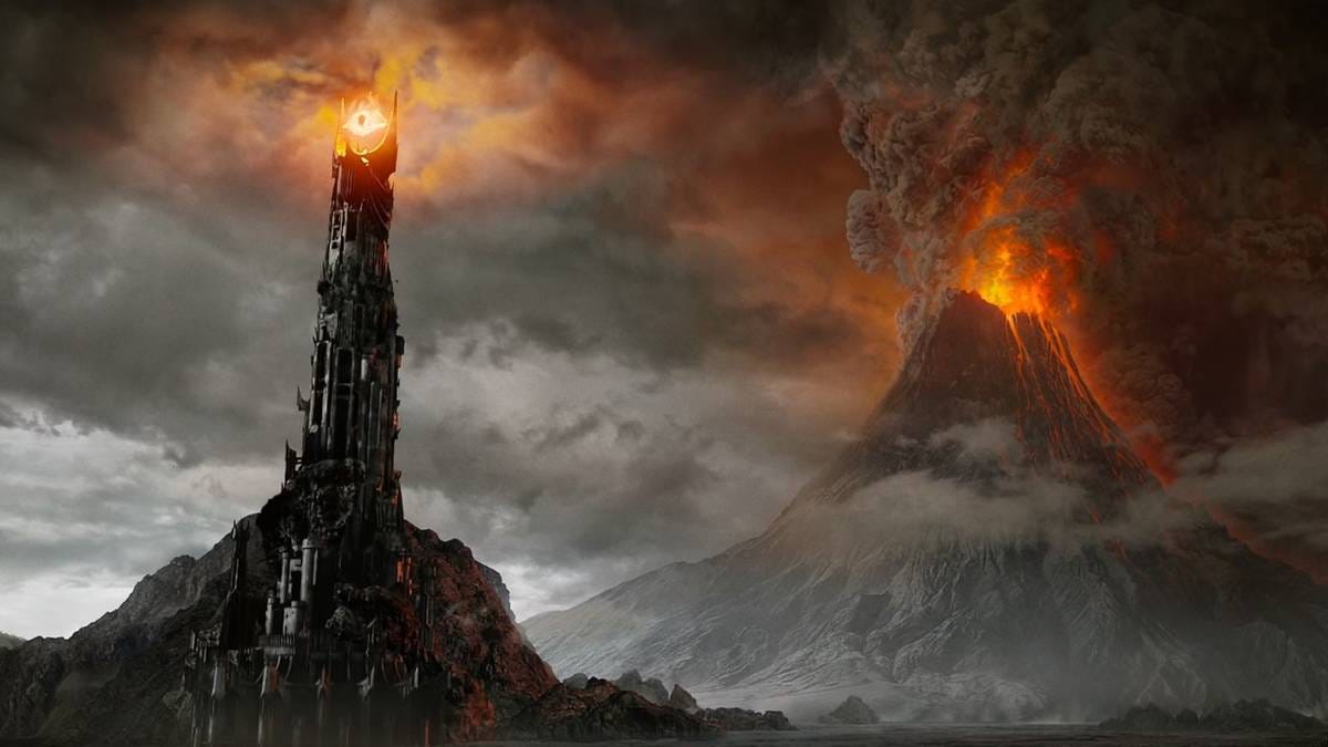 The tower of Barad-dûr in Mordor in front of Mount Doom in The Lord of the Rings: The Two Towers The tower of Barad-dûr in Mordor in front of Mount Doom in The Lord of the Rings: The Two Towers