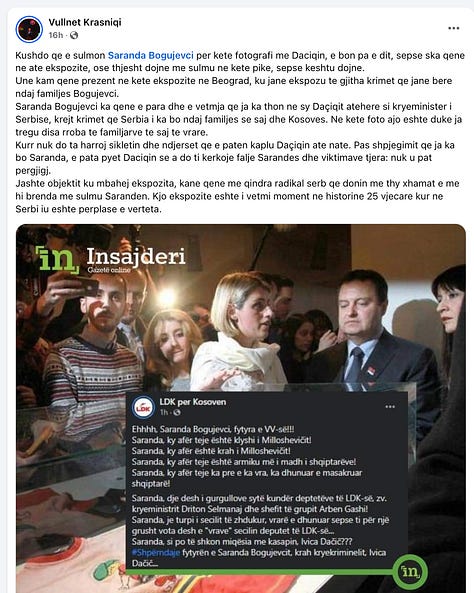 Reagimi i Saranda Bogujevcit erdhi si kundërpërgjigje ndaj shpifjes së Ilir Mirenës, i cili kishte ironizuar një moment zie të familjes Bogujevci, ndërkohë që dëshmia e gazetarit Vullnet Krasniqi theksonte se Saranda Bogujevci kishte qenë ballë për ballë me Ivica Daçiqin në ekspozitën kundër krimeve serbe ndaj familjes së saj.