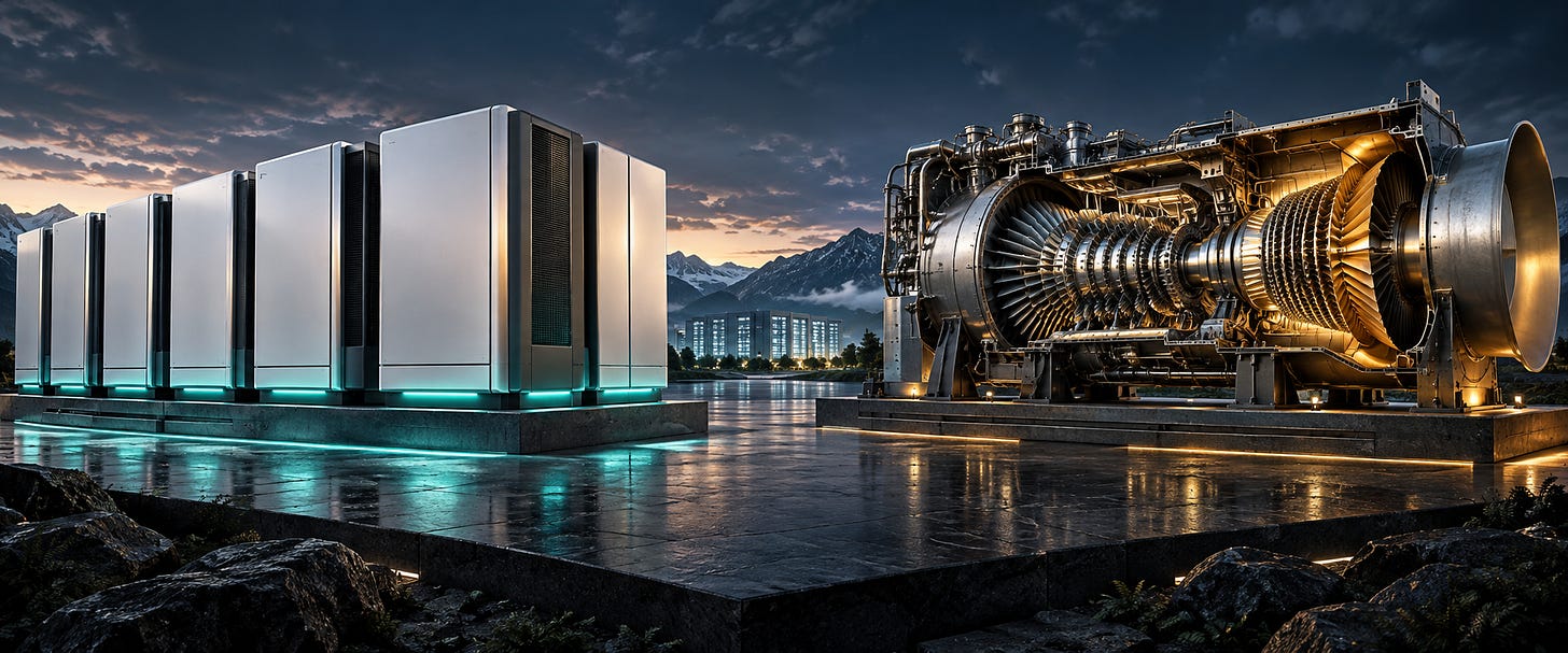 Conceptual illustration of modular fuel-cell cabinets facing a cutaway gas turbine, lit in teal and amber.