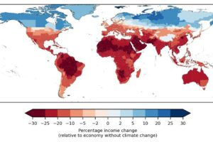 Projected income changes in 2049 compared to an economy without climate change. Income changes are committed in the sense that they are caused by historical emissions. (Image: Kotz et al., Nature)