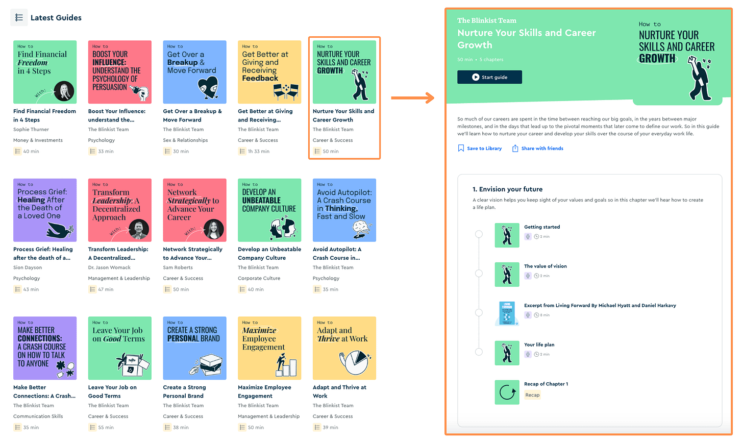 Blinkist’s Guides (desktop view + light mode)
