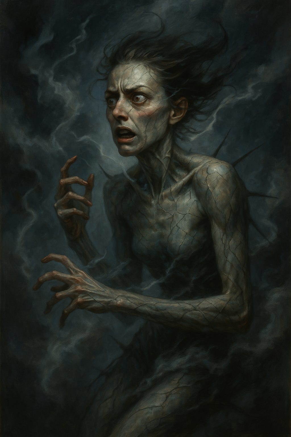 A surreal realist portrait of a woman with tense, slender limbs and faintly cracked skin, as if made of glass under pressure. Her wide eyes and contorted posture convey anxiety and strain. Wisps of smoke and storm energy swirl around her in cold gray-blue tones, lit by harsh, cinematic light — evoking the physical and emotional tension of panic.