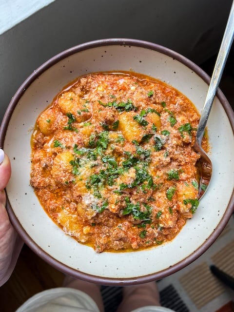 High Protein Cheesy Tomato Beef Gnocchi