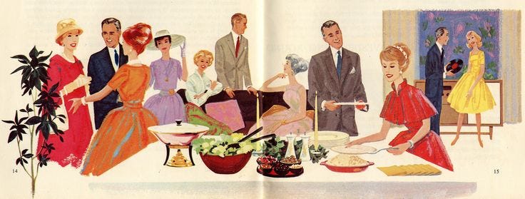 This may contain: a painting of people standing around a table with food and drinks in front of them This may contain: a painting of people standing around a table with food and drinks in front of them