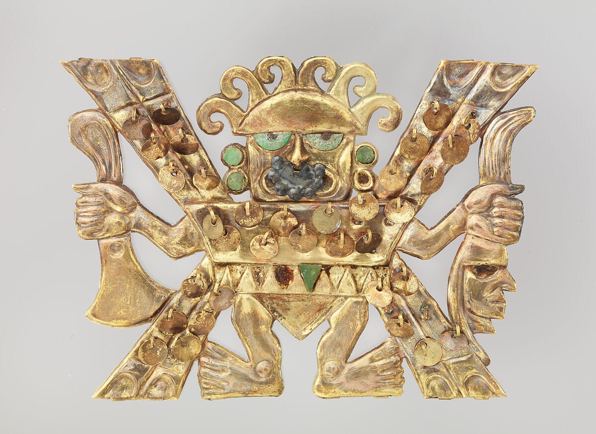 Nose ornament with decapitator, Moche artist(s), Gilded copper, silver, green stone, brown stone inlays, Moche Nose ornament with decapitator, Moche artist(s), Gilded copper, silver, green stone, brown stone inlays, Moche