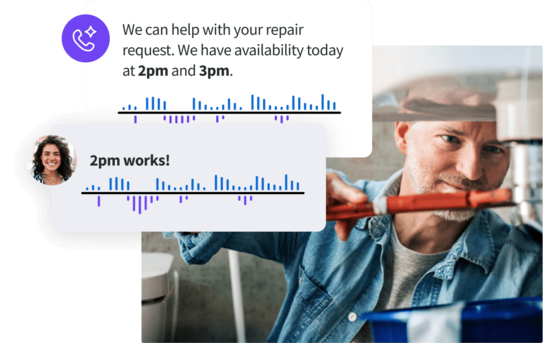 Graphic showing a plumbing service chat: "We can help with your repair request. We have availability today at 2pm and 3pm." and the reply "2pm works!" overlaid on a plumber working. Graphic showing a plumbing service chat: "We can help with your repair request. We have availability today at 2pm and 3pm." and the reply "2pm works!" overlaid on a plumber working.