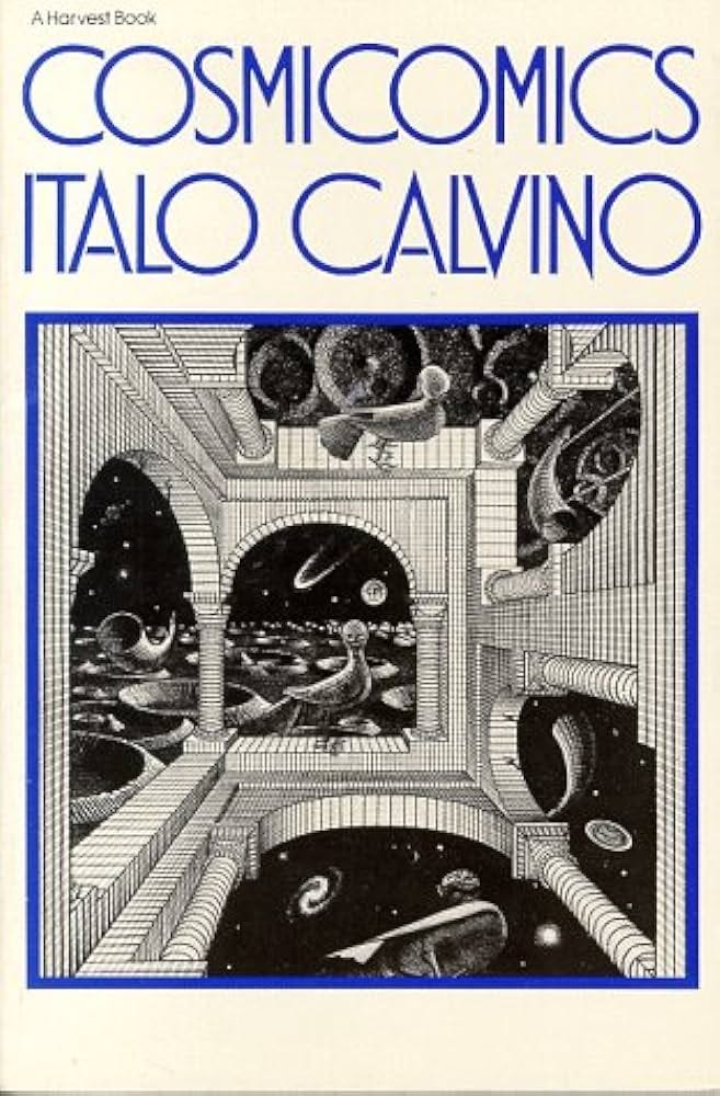 book covers for "seduction theory" by emily adrian and "cosmicomics" by italo calvino