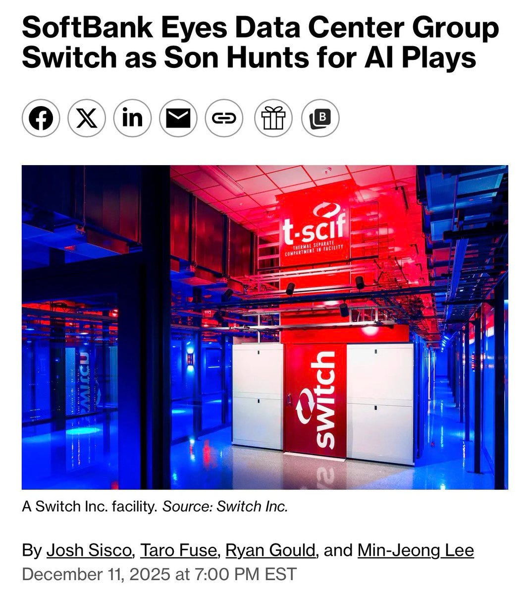 SoftBank is studying a potential acquisition of data center operator Switch  as it chases AI infra, holding talks and doing due diligence while owners  seek around a $50B valuation including debt and