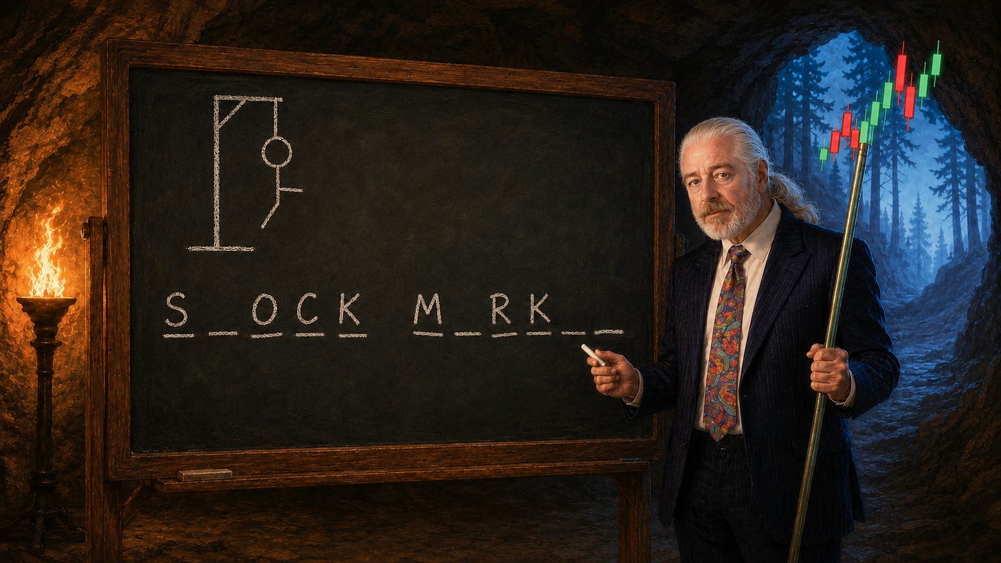 Watercolor-and-oil image of Rick Horowitz, white hair pulled back in a ponytail and white close-trimmed beard, wearing a suit and tie, standing in a cave beside a chalkboard with a Hangman game in progress for “Stock Market.” Rick faces the viewer in a dark pinstripe suit and colorful tie, holding a piece of chalk in one hand and a staff topped with glowing red-and-green candlesticks in the other. A torch lights the cave wall while a blue forest glows through the cave opening behind him.