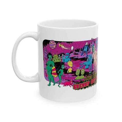 Items featuring original artwork by Zaftig Pink include t-shirts, tanktop, coffee cup, canteen, and a Skinny Dipping sticker.