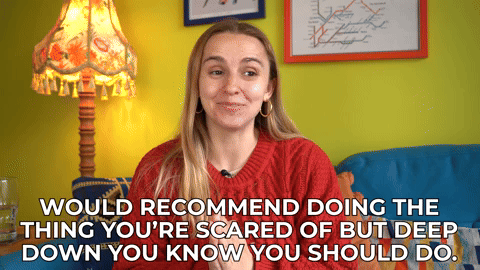 Hannah saying "Would recommend doing the thing you're scared of but deep down you know you should do."
