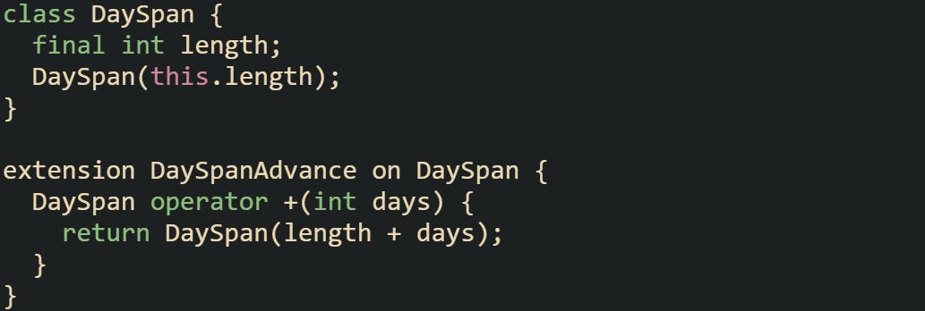 class DaySpan {   final int length;   DaySpan(this.length); }  extension DaySpanAdvance on DaySpan {   DaySpan operator +(int days) {     return DaySpan(length + days);   } }