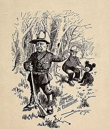 Newspaper cartoon of Theodore Roosevelt refusing to shoot a bear