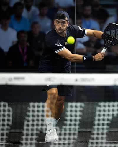 Alejandro Galán of Spain strikes the ball during the 2026 London Premier Padel P1 final at Olympia in London. Alejandro Galán of Spain strikes the ball during the 2026 London Premier Padel P1 final at Olympia in London.