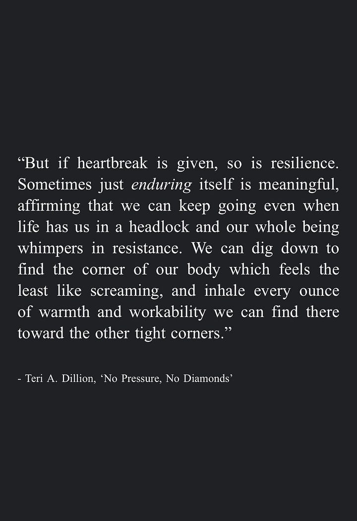 Image 5: "But if heartbreak is given, so is resilience. Sometimes just enduring itself is meaningful, affirming that we can keep going even when life has us in a headlock and our whole being whimpers in resistance. We can dig down to find the corner of our body which feels the least like screaming, and inhale every ounce of warmth and workability we can find there toward the other tight corners." - Teri A. Dillion, 'No Pressure, No Diamonds' Image 6: "Humaning was never built for the faint of heart." - Teri A. Dillion, From 'No Pressure, No Diamonds'