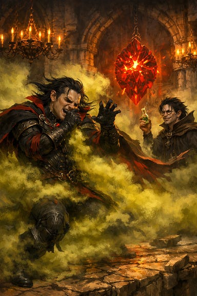 Strahd overwhelmed by Felonious’ Regret #7 stinking cloud on Ravenloft heart landing yellow green mist swirling vampire recoiling Felonious observing with vial gothic fantasy