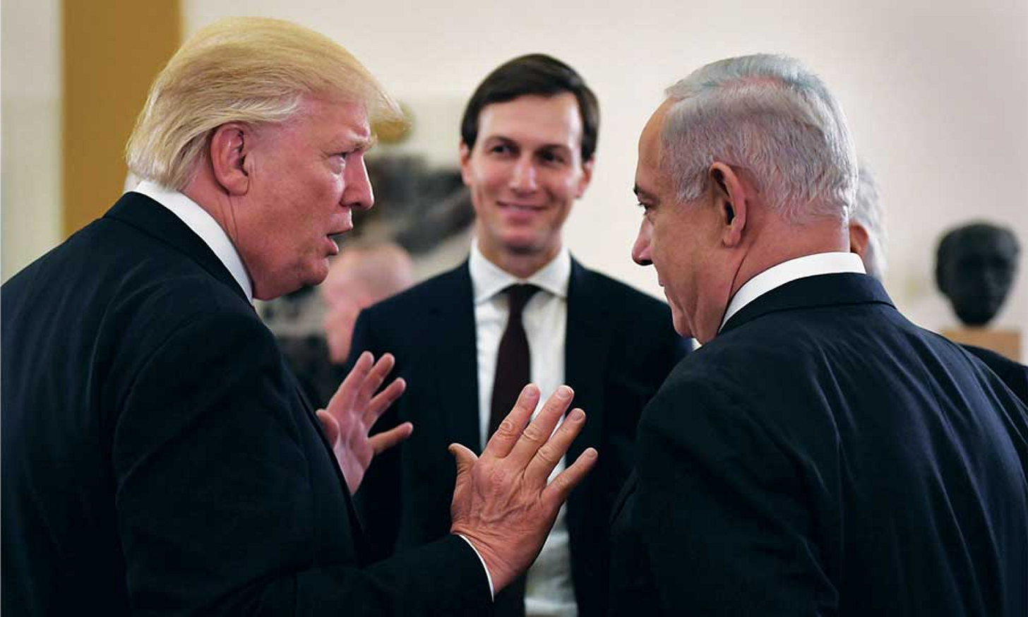 Donald Trump argues policy; Benjamin Netanyahu and Jared Kushner observe with ominous smiles — counsel that became command.