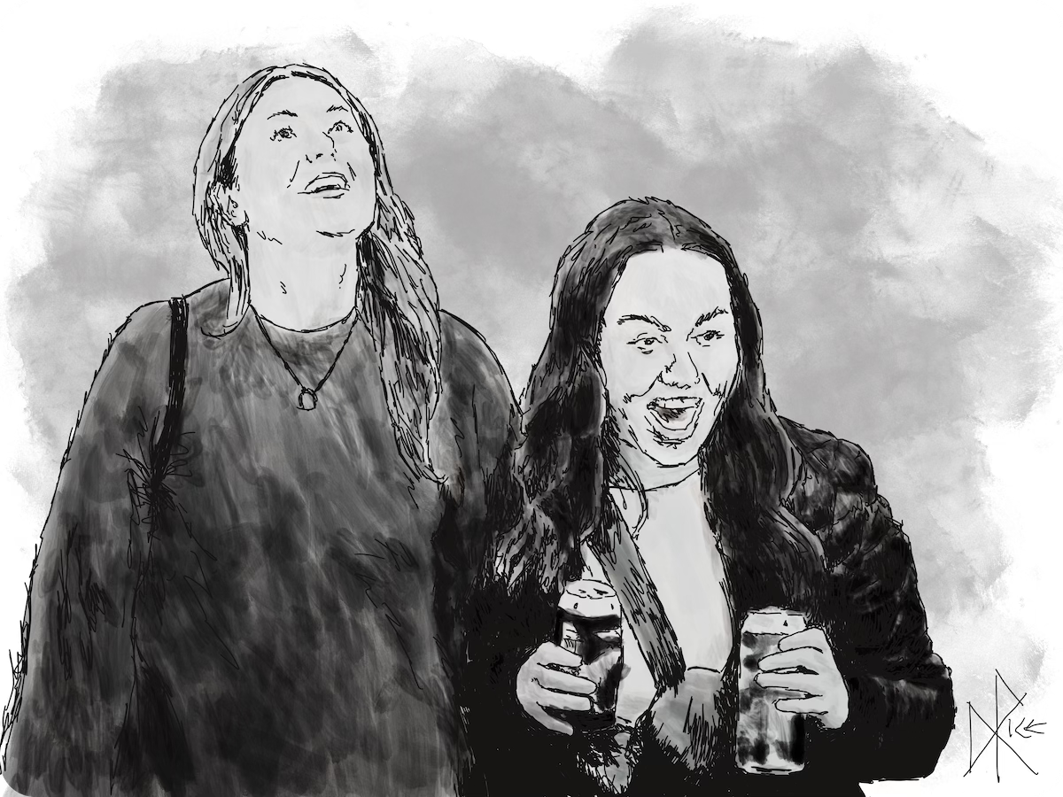 Two young women at a hockey game, loving it. Sketch art by Don Rice.