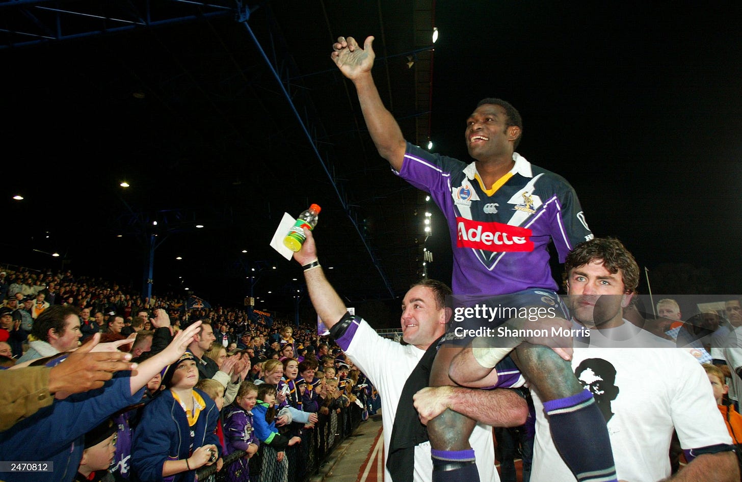 Marcus Bai of the Storm says farewell to his fans in his last game at Olympic Park