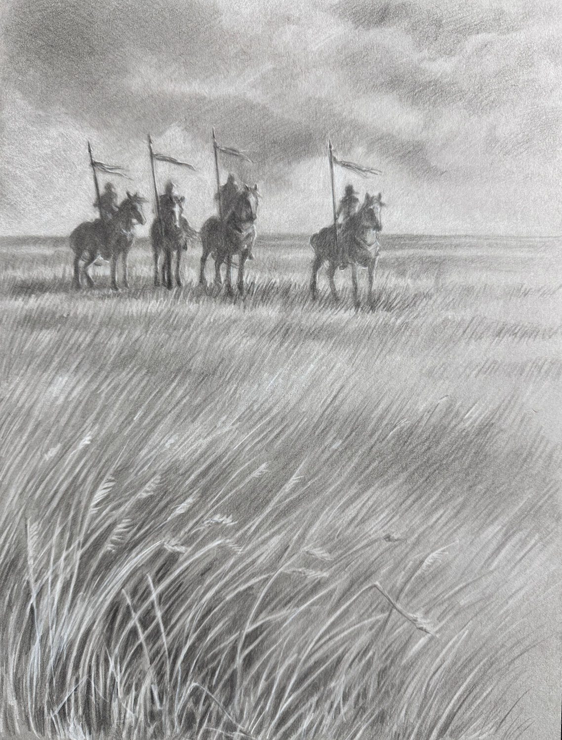 fantasy illustration of a men on horseback with tasseled spears on a vast plain by Kindrie Grove