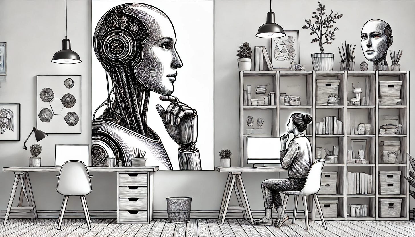 A wide pen and ink drawing of a sage-like robot having a conversation with a thoughtful person in a creative, well-organized office with a visible laptop.