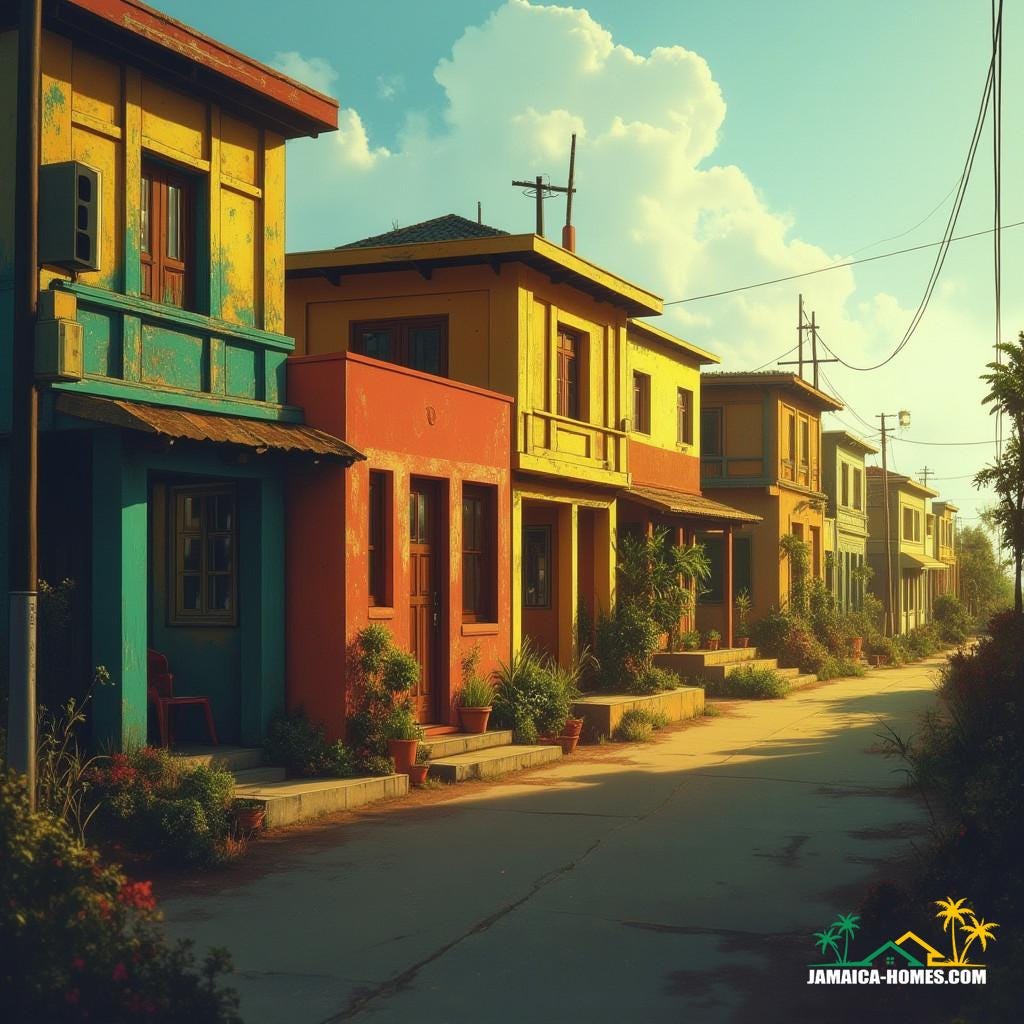 A row of modern day Weavers' townhouses with attached workshops, nestled in the vibrant streets of Jamaica, Caribbean, devoid of chimneys, exuding a sense of rustic charm and industry. Warm, golden light spills from the windows, casting a cinematic glow on the colorful facades, as if shot on 35mm film with a V-Raptor XL camera. A row of modern day Weavers' townhouses with attached workshops, nestled in the vibrant streets of Jamaica, Caribbean, devoid of chimneys, exuding a sense of rustic charm and industry. Warm, golden light spills from the windows, casting a cinematic glow on the colorful facades, as if shot on 35mm film with a V-Raptor XL camera.