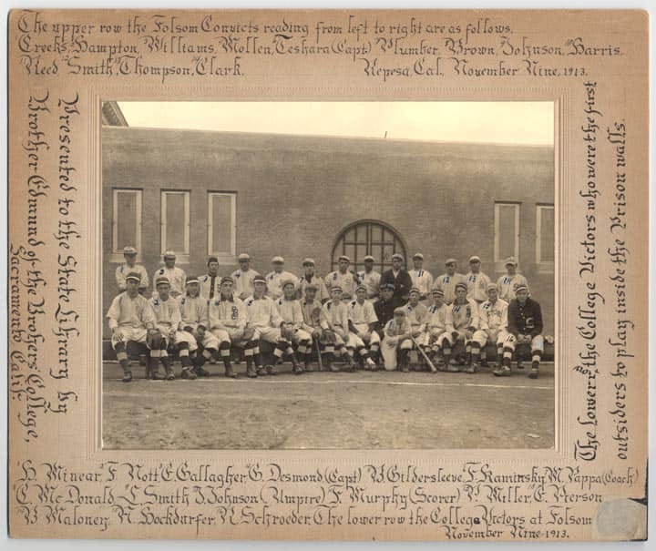 Photograph of a team of college players posing for a photo inside Folsom in 1913.