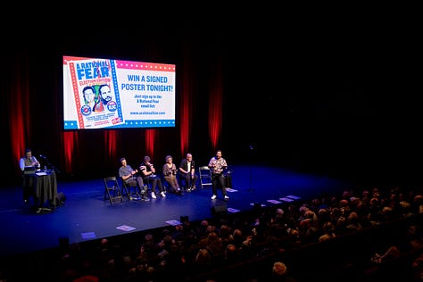 Photos of comedians on stage at the malthouse theatre peforming comedy.