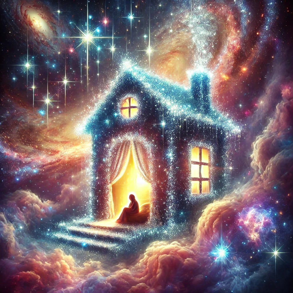 A mystical, celestial stardust house in an expansive cosmic background, with each detail glowing ethereally. The house structure includes shimmering, stardust-defined elements like a doorway, windows, and soft furniture, with a dreamlike, cosmic glow. A small, radiant soul sits contentedly within, exuding warmth and peace. The vast cosmic scene features vibrant nebulae, galaxies, and stars, creating a heavenly, serene atmosphere that enhances the stardust home's ethereal and inviting essence.