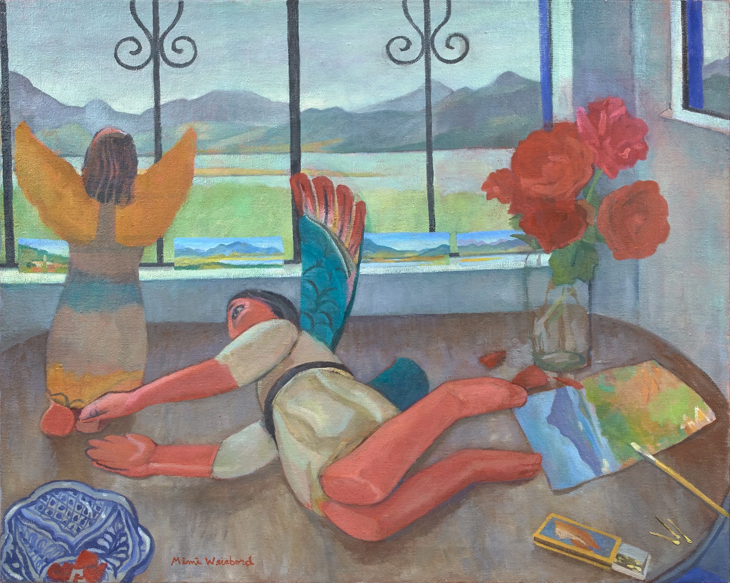 A table before a window with iron bars overlooking a landscape of mountains, a lake, and greenery. On the windowsill are small painted landscapes of the same hills. In the foreground is a table supporting two wooden angels, one kneeling facing out the window, the other tumbled over on his side, arms forward, legs bent. Also on this table are a vase with red flowers, a small landscape of the same view on paper with a paintbrush, an open box of matches, and a ceramic bowl painted with an intricate design. A table before a window with iron bars overlooking a landscape of mountains, a lake, and greenery. On the windowsill are small painted landscapes of the same hills. In the foreground is a table supporting two wooden angels, one kneeling facing out the window, the other tumbled over on his side, arms forward, legs bent. Also on this table are a vase with red flowers, a small landscape of the same view on paper with a paintbrush, an open box of matches, and a ceramic bowl painted with an intricate design.