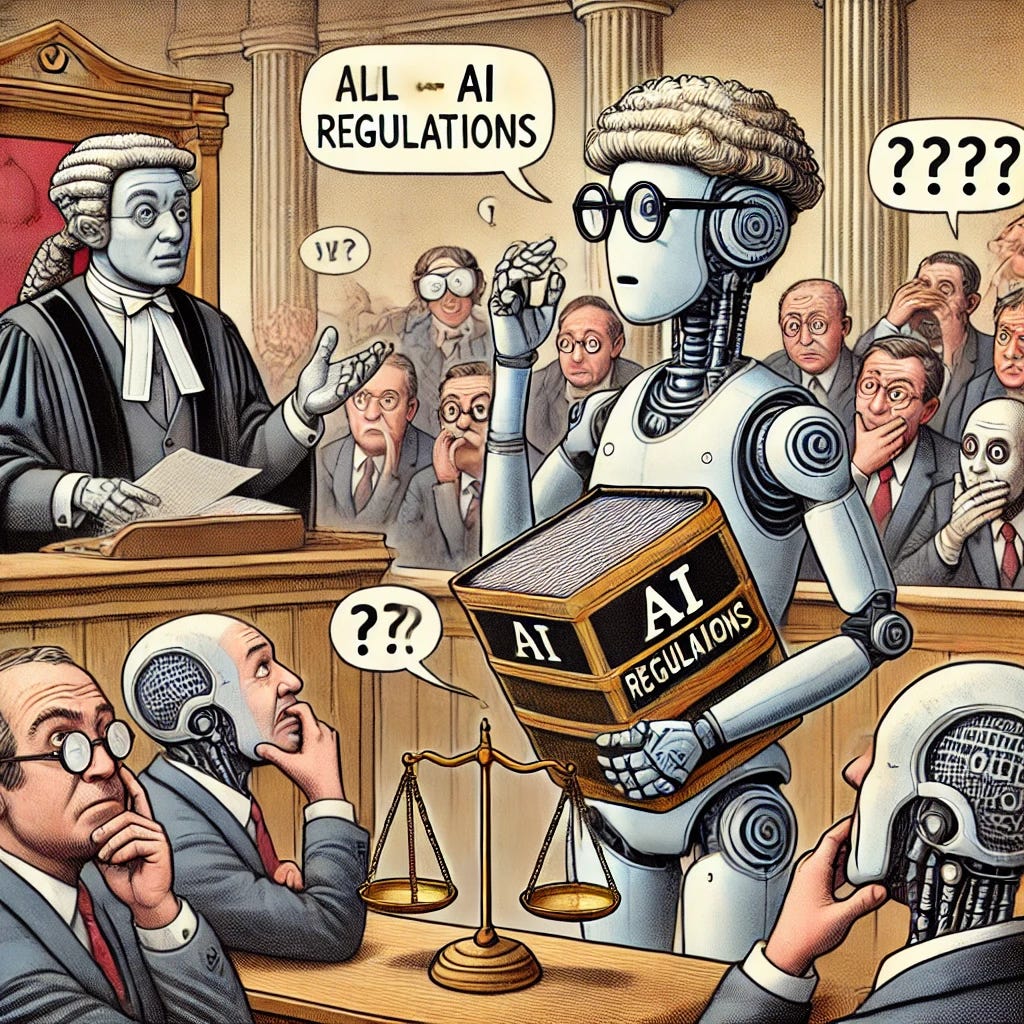 A humorous illustration depicting the legal regulation of artificial intelligence. A robot dressed as a lawyer, wearing a wig and glasses, argues in a courtroom against another robot judge, who is holding a massive law book labeled 'AI Regulations'. The courtroom is filled with confused human politicians scratching their heads, while a robotic jury takes notes in binary code. The scene is lighthearted and cartoonish, with exaggerated expressions and comical details.