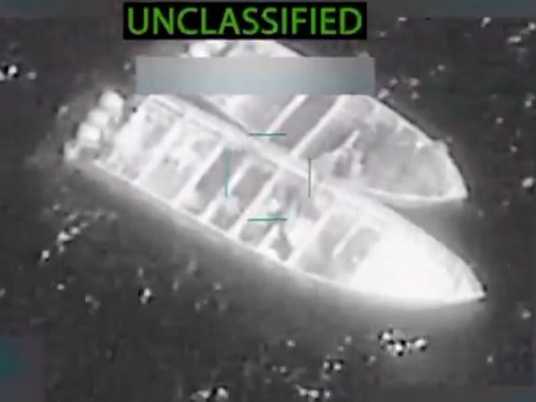 Screenshot of video released by Defense Secretary Pete Hegseth of one of the Sept. 27, 2025 U.S. attacks on alleged drug-smuggling boats Screenshot of video released by Defense Secretary Pete Hegseth of one of the Sept. 27, 2025 U.S. attacks on alleged drug-smuggling boats